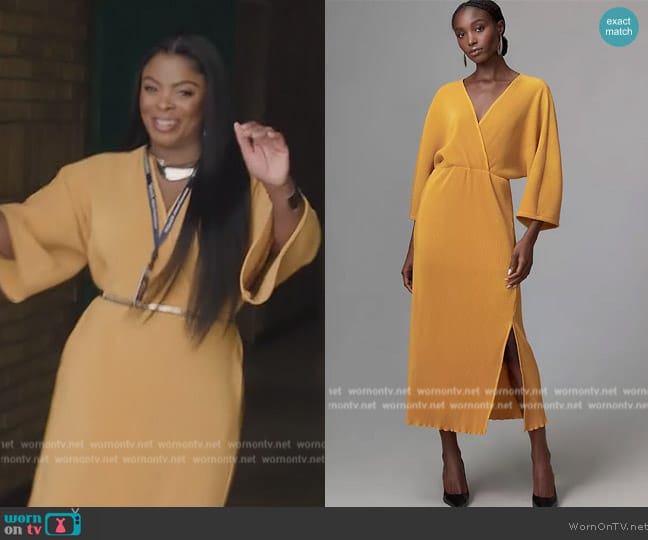 Anthropologie Plisse V-Neck Wrap Midi Dress worn by Ava Coleman (Janelle James) on Abbott Elementary