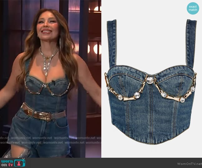Area Claw Cup Denim Tank Top worn by Ariadna Thalía Sodi Miranda on The Kelly Clarkson Show