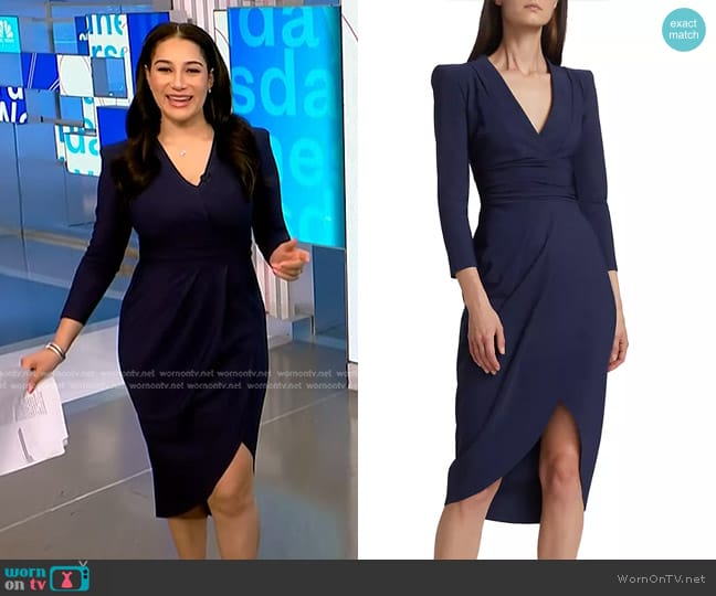 Chiara Boni La Petite Robe Verilla Shoulder-Pad Cocktail Dress in Blue Notte worn by Morgan Radford on NBC News Daily