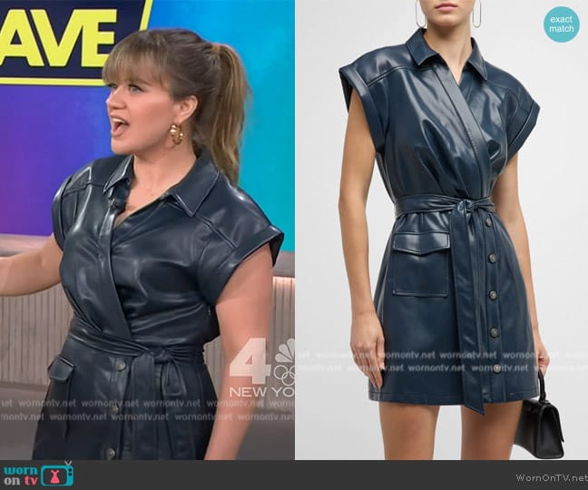 Cinq a Sept Tena Belted Vegan Leather Wrap Dress worn by Kelly Clarkson on The Kelly Clarkson Show