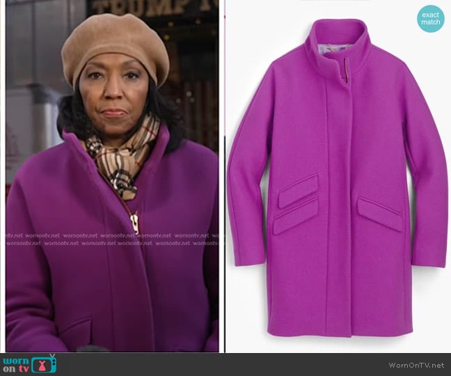 J. Crew Cocoon Coat in Italian stadium-cloth wool blend Bright Plum worn by Rehema Ellis on NBC News Daily