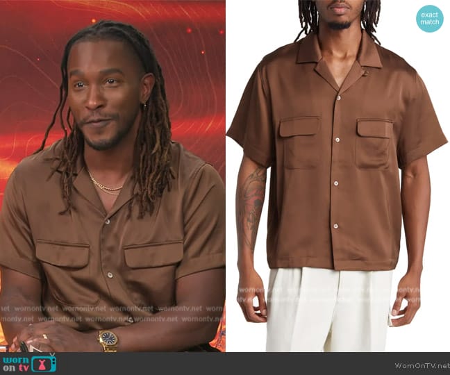 Elwood Short Sleeve Satin Button-Up Bowling Shirt worn by Scott Evans on Access Hollywood