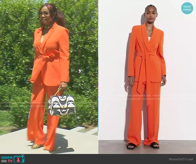 Zara Belted Tuxedo Collar Blazer in Orange worn by Garcelle Beauvais on The Real Housewives of Beverly Hills