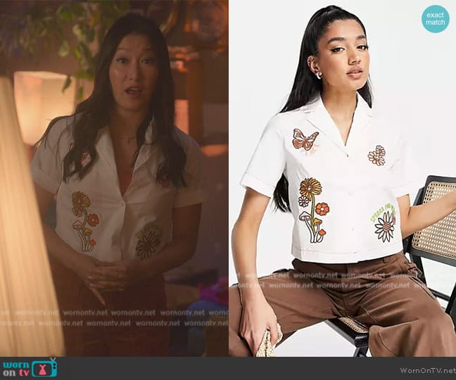ASOS Glamorous boxy white shirt with retro embroidery worn by (Kara Wang) on Good Trouble