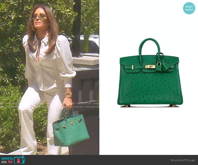 Hermes Birkin Vert Verone Ostrich Gold Hardware worn by Kyle Richards on The Real Housewives of Beverly Hills
