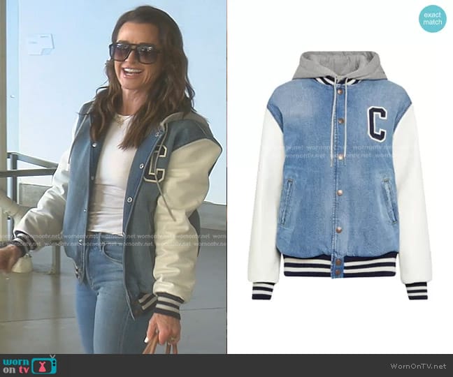 Celine Hooded Varsity Jacket in pismo wash denim worn by Kyle Richards on The Real Housewives of Beverly Hills
