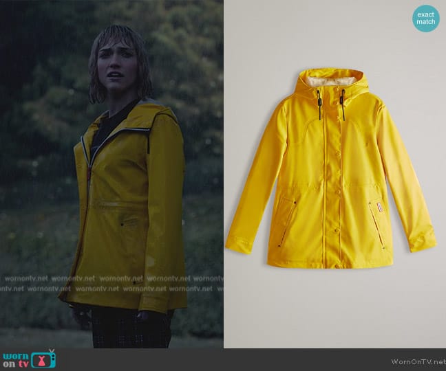 Hunter Lightweight rubberised yellow rain mac worn by Imogene (Violett Beane) on Death and Other Details