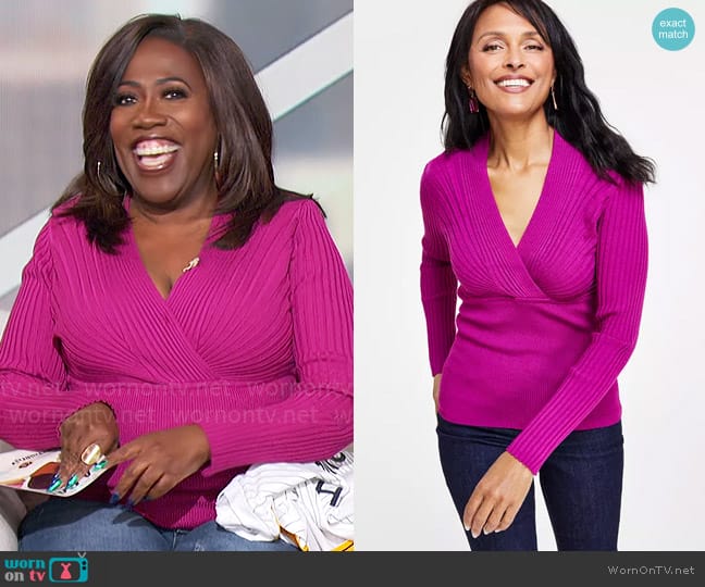 INC International Concepts Ribbed Surplice Pullover Sweater in Burnished Berry worn by Sheryl Underwood on The Talk