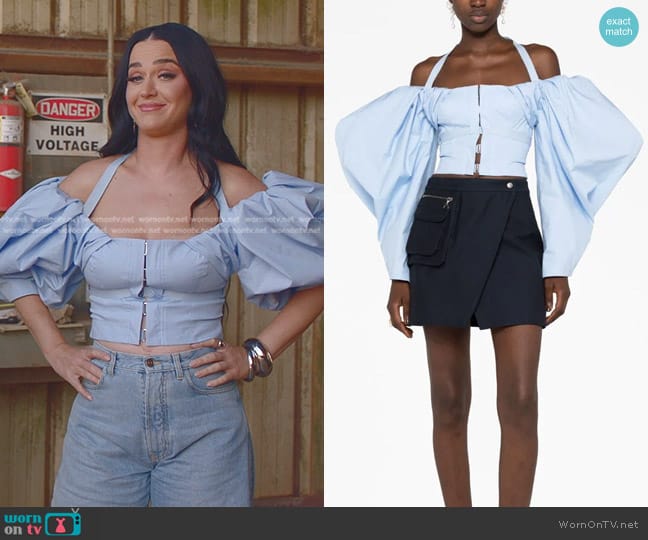 Jacquemus Taffetas Cropped Cold-Shoulder Top worn by Katy Perry on American Idol