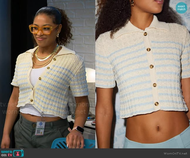 Kimchi Blue Oliver Button-Down Polo Sweater worn by Courtney (Skye Townsend) on The Neighborhood