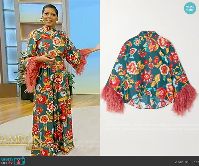 LA DoubleJ Make An Exit feather-trimmed floral-print silk-twill top worn by Tamron Hall on Tamron Hall Show