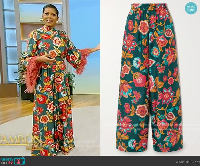 LA DoubleJ Floral-print silk-twill wide-leg pants worn by Tamron Hall on Tamron Hall Show