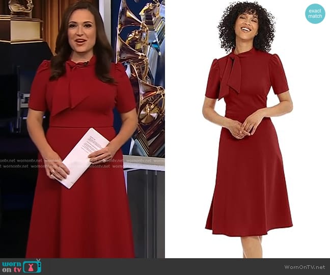 Maggy London Short Sleeve A-Line Dress with Neck Tie in Rhubarb worn by Nikki Battiste on CBS Evening News