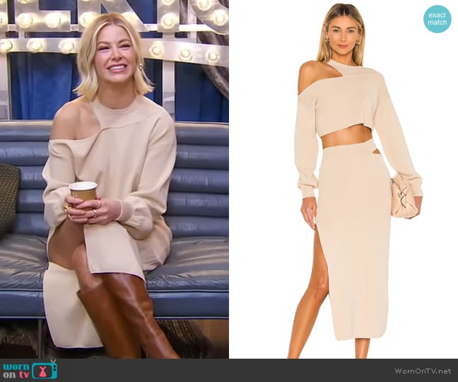 Michael Costello Asym Cut Out Dolman Sweater in Nude worn by Ariana Madix on Good Morning America