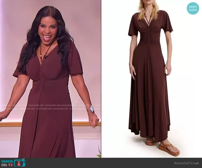 A.L.C. Nina Ruched Beaded Maxi Dress worn by Sanaa Lathan on The Jennifer Hudson Show