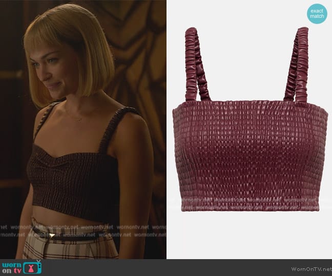 Proenza Schouler White Label faux leather crop top worn by Imogene (Violett Beane) on Death and Other Details