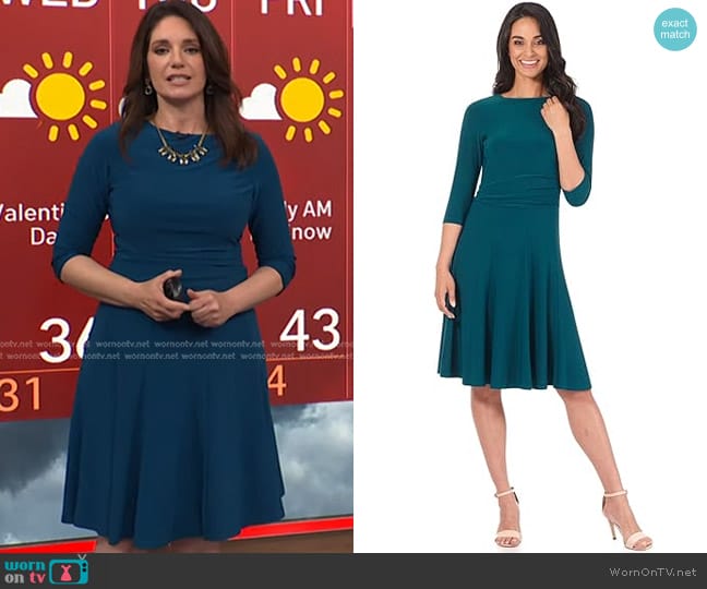 Rekucci Flippy Fit N Flare Dress with 3/4 Sleeves in Teal worn by Maria Larosa on Today