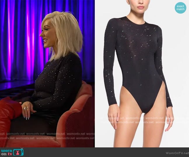Skims x Swarovski Jelly Sheer Long Sleeve Crew Neck Bodysuit worn by Christina Aguilera on The Drew Barrymore Show