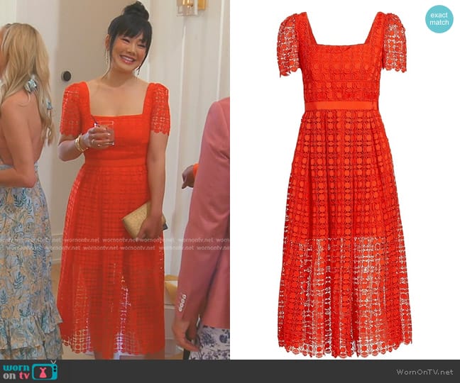 Self-Portrait Short-Sleeve Petal Lace Midi-Dress worn by Crystal Kung Minkoff on The Real Housewives of Beverly Hills