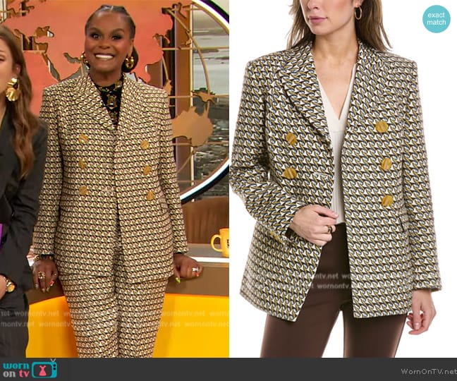 Tory Burch Twill Double-breasted Wool-blend Jacket In Beige worn by Tabitha Brown on The Drew Barrymore Show