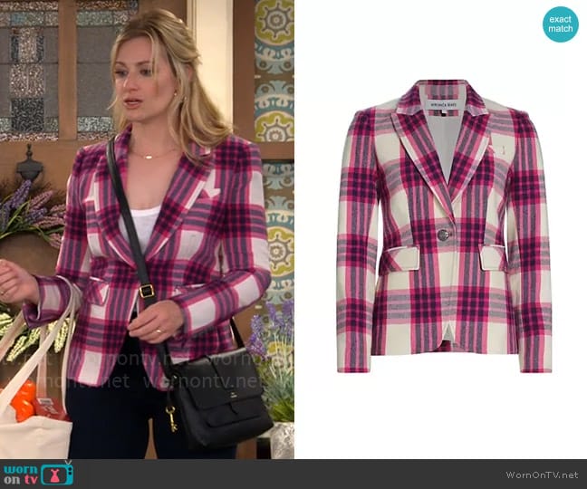 Veronica Beard Dickey Plaid Cut-Away Blazer worn by Gemma (Beth Behrs) on The Neighborhood