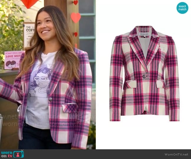 Veronica Beard Dickey Plaid Cut-Away Blazer worn by Nell Serrano (Gina Rodriguez) on Not Dead Yet