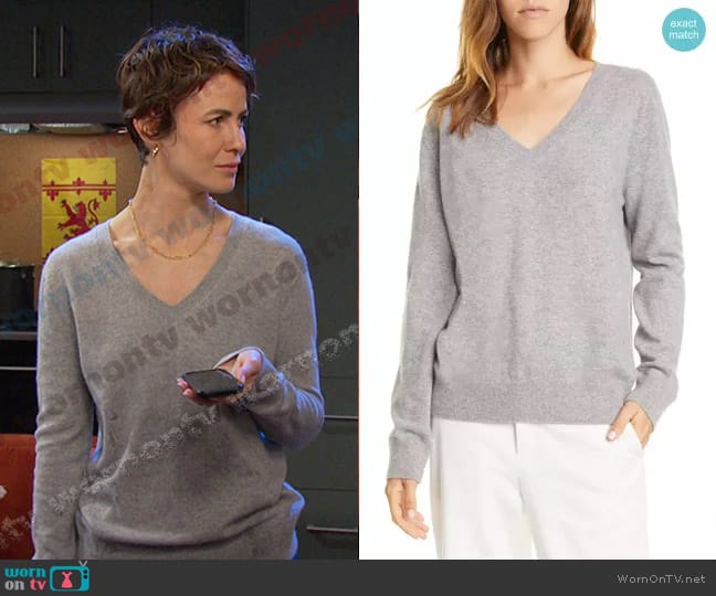 Vince Weekend V-Neck Cashmere Sweater in Heather Steel worn by Sarah Horton (Linsey Godfrey) on Days of our Lives