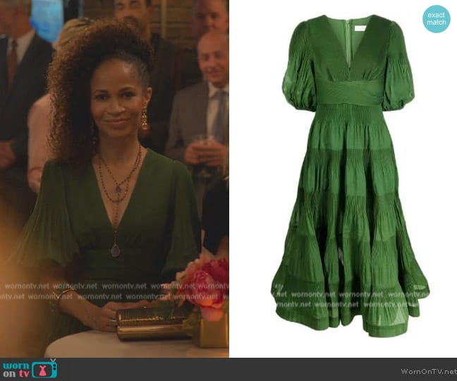 Zimmermann pleated tiered midi dress worn by (Sherri Saum) on Good Trouble