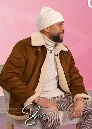 Affion Crockett’s brown leather shearling jacket on Sherri
