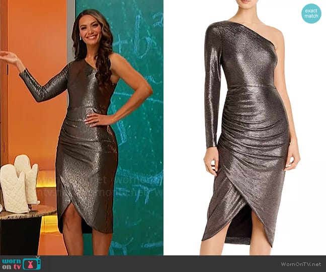 Aidan by Aidan Mattox Ruched Metallic One-Shoulder Dress worn by Alexis Gaube on The Price is Right