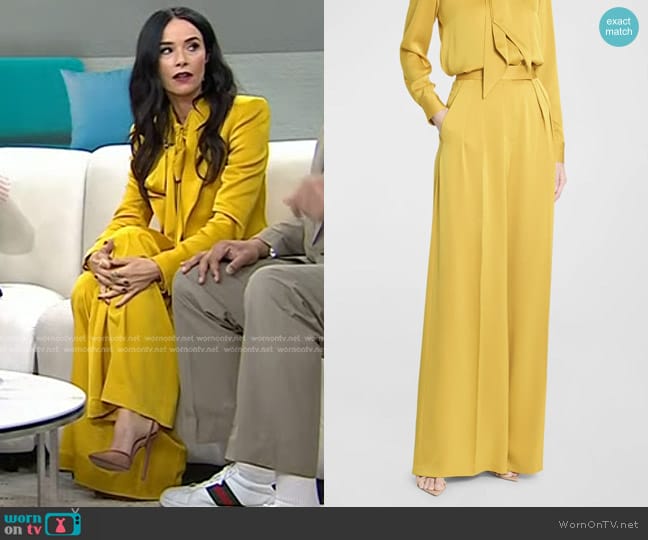 Alex Perry High-Rise Double-Pleated Wide-Leg Satin Crepe Trousers in Gold worn by Abigail Spencer on Today