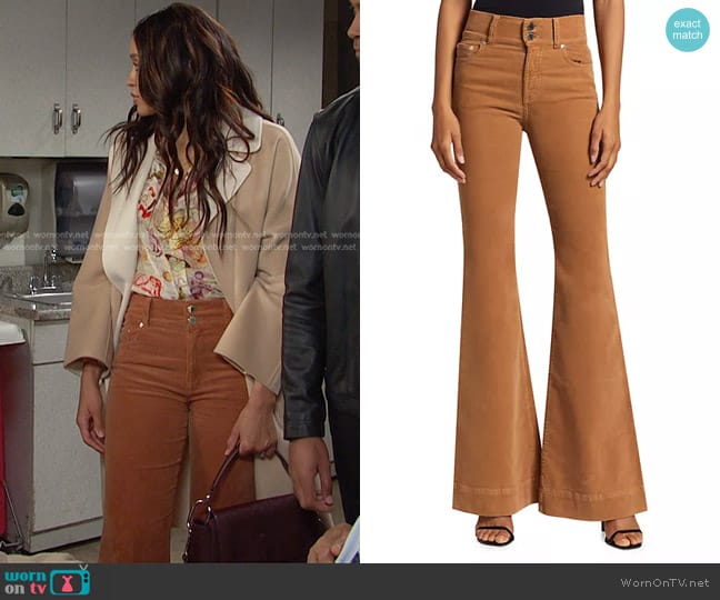 Alice + Olivia Beautiful High-Rise Bell Bottom Pants in Camel worn by Lani Price (Sal Stowers) on Days of our Lives