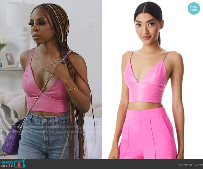 Alice + Olivia Carli Vegan Leather Bra Top worn by Candiace Dillard Bassett on The Real Housewives of Potomac