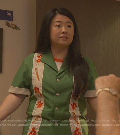 Alice’s green floral print shirt on Good Trouble