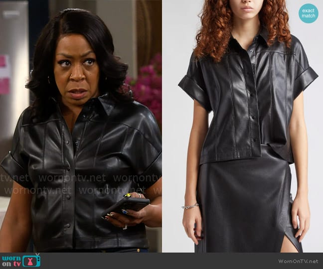 Alice + Olivia Edyth Vegan Leather Shirt worn by Tina Butler (Tichina Arnold) on The Neighborhood