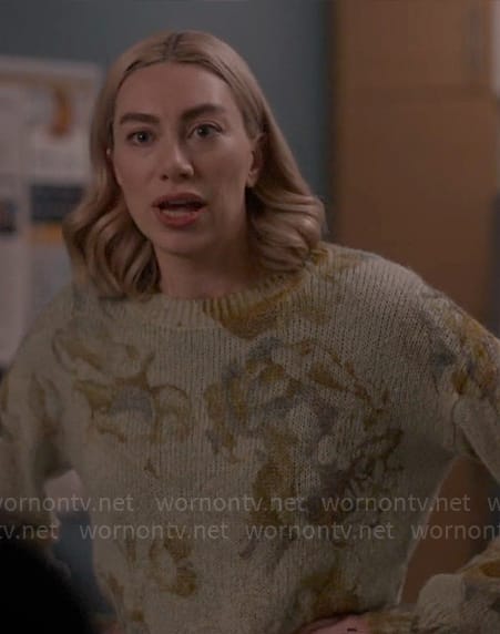 Allison’s green printed sweater on So Help Me Todd