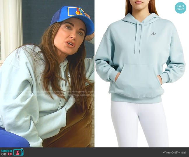 Alo Accolade Hoodie in Chalk Blue worn by Kyle Richards on The Real Housewives of Beverly Hills