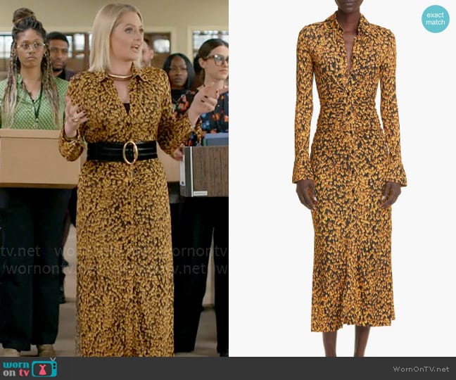 Altuzarra Claudia Dress in Golden Ochre Feather worn by Lexi (Lauren Ash) on Not Dead Yet