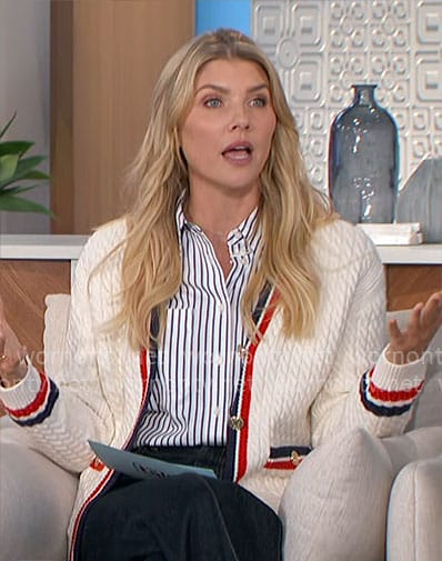 Amanda’s white cardigan with striped trim on The Talk