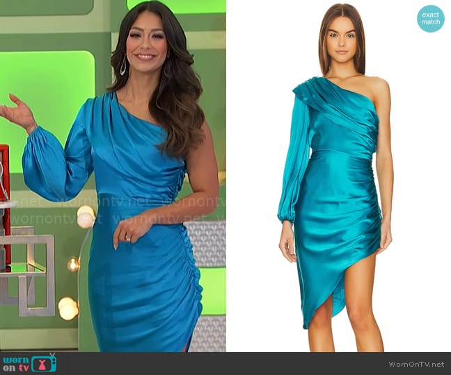 Amanda Uprichard Eleanore Midi Dress in Maui worn by Manuela Arbeláez on The Price is Right