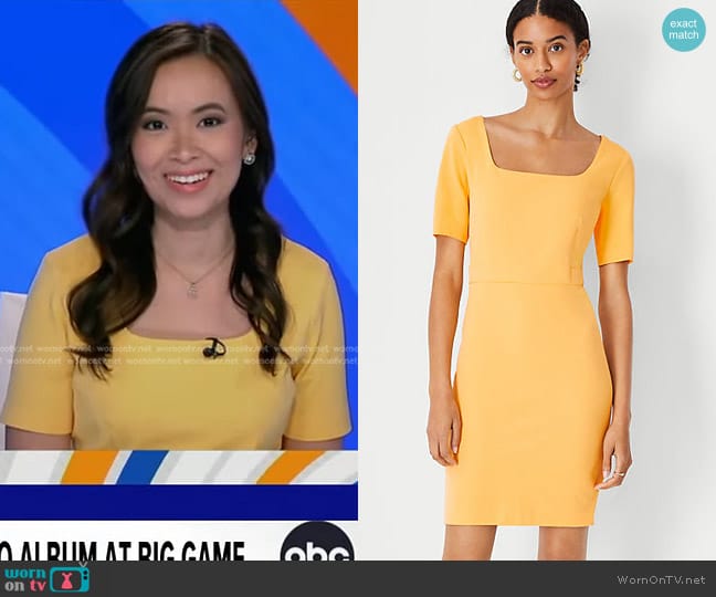 Ann Taylor Scoop Neck Short Sleeve Sheath Dress in Citrus Sun worn by Em Nguyen on Good Morning America