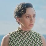 Anna’s green geometric print top on Death and Other Details