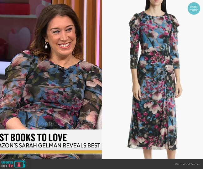 Anne Klein Floral Ruched Long Sleeve Mesh Midi Dress worn by Sarah Gelman on CBS Mornings