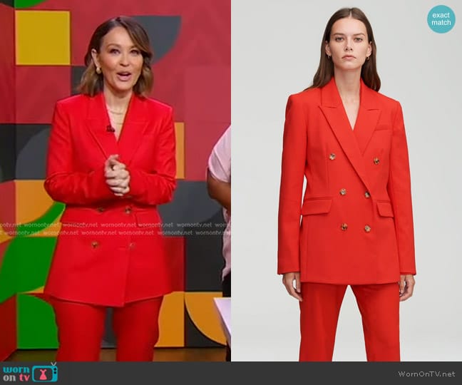 Argent Double-Breasted Blazer in Scarlet worn by Eva Pilgrim on Good Morning America