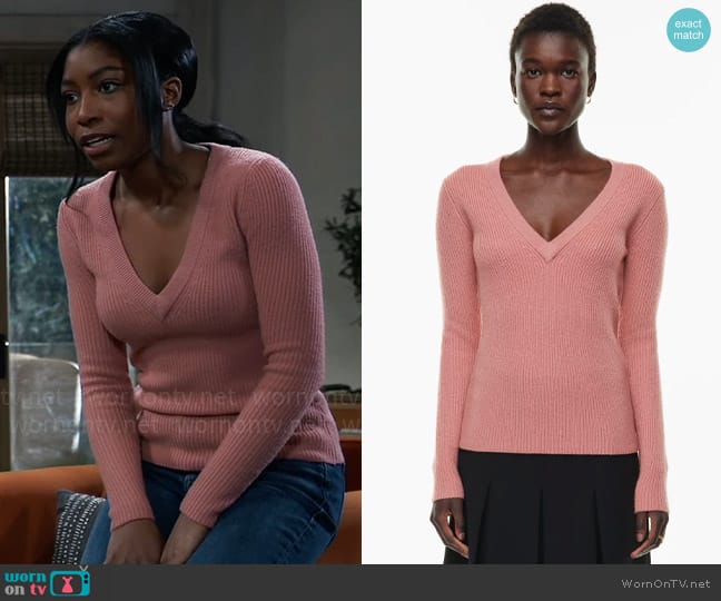 Wilfred Davis Sweater in Conch Pink worn by Trina Robinson (Tabyana Ali) on General Hospital
