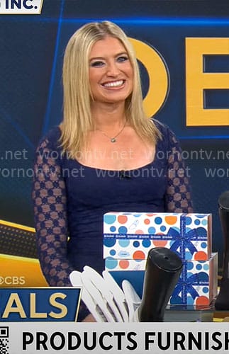 Ashley Bellman’s navy lace sleeve dress on CBS Mornings