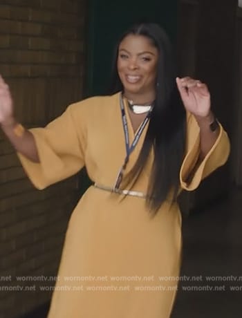 Ava’s yellow knit wrap dress on Abbott Elementary