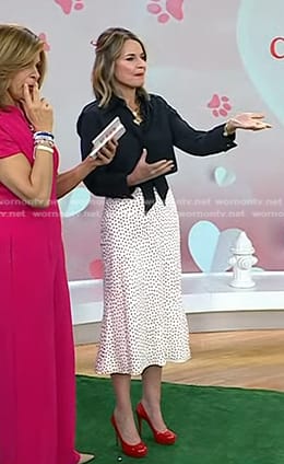 Savannah’s black tie neck shirt and white heart print skirt on Today