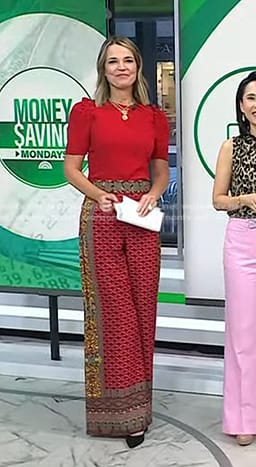 Savannah’s red ruffle shoulder top and printed pants on Today