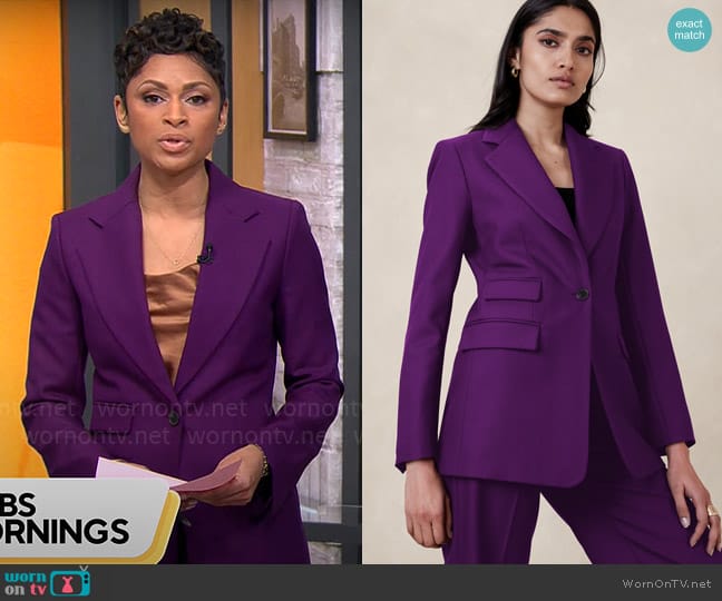 Banana Republic Lido Blazer in Deep Purple worn by Jericka Duncan on CBS Mornings